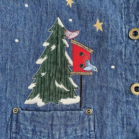 Christopher & Banks Christmas Denim Jacket Snowman Embroidered Size Large - Picture 4 of 13